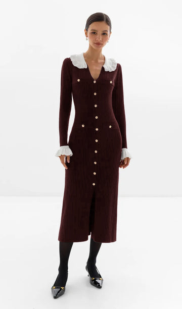 Jersey Ruffle Collar Midi Dress - Reddish Brown 