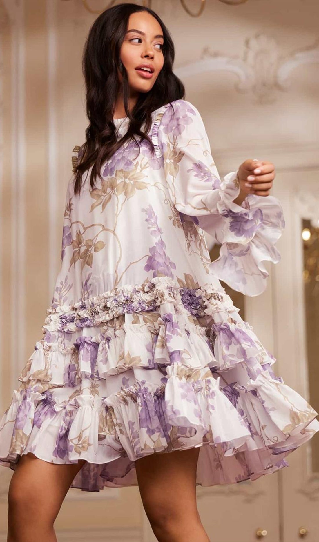 Long-sleeved, floral, ruffled, tie-waist mini dress