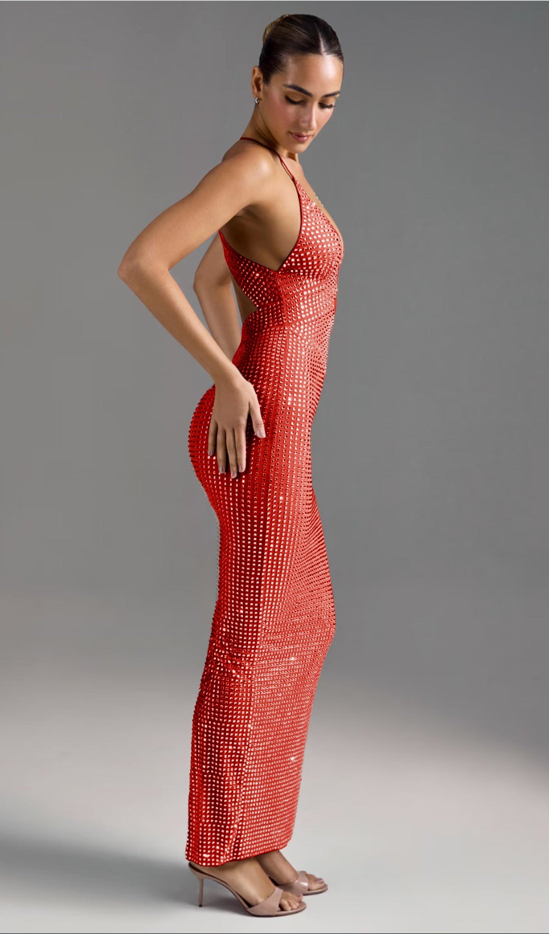 Embellished Stone Cutout Maxi Dress, Red 