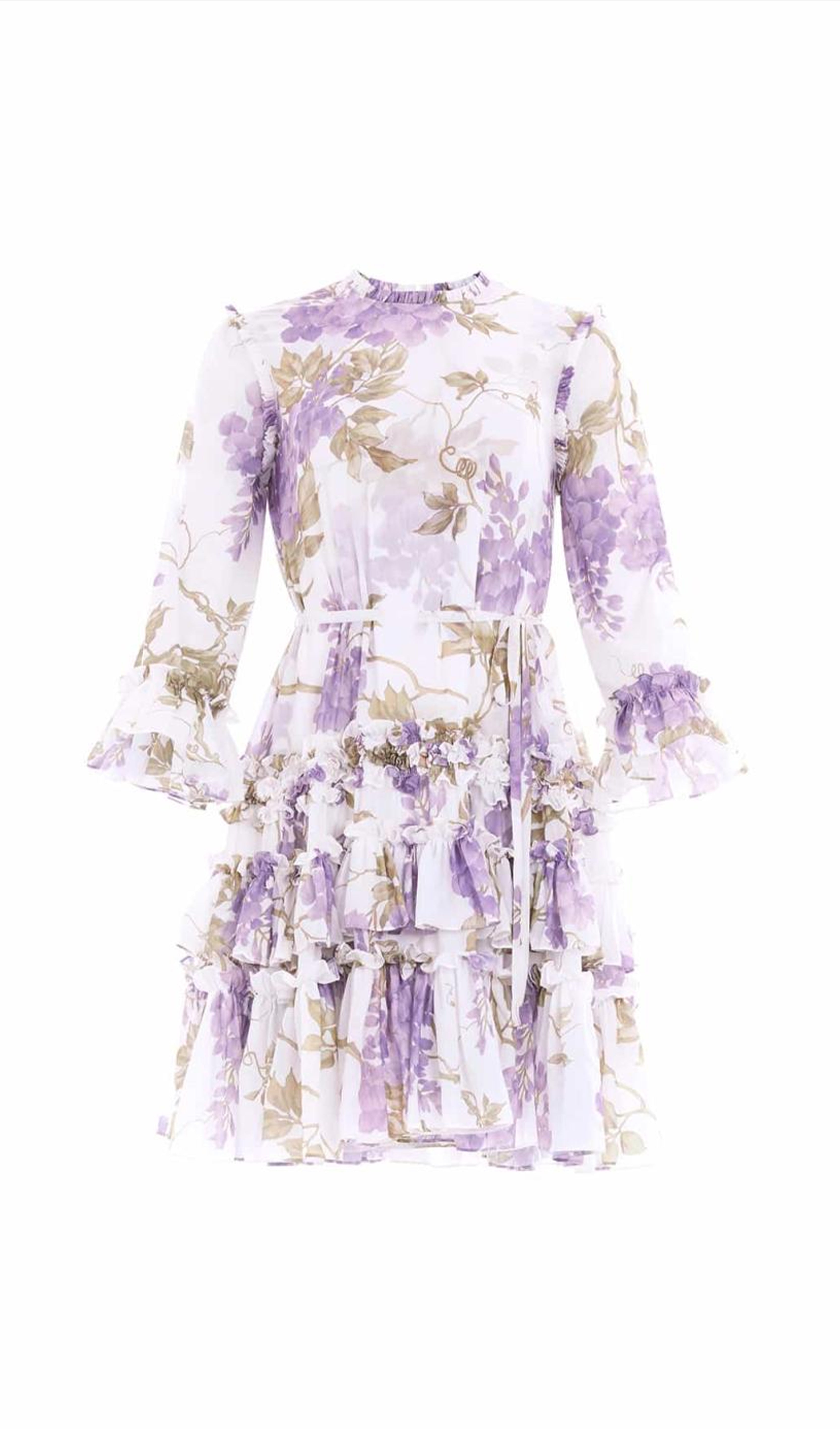 Langärmeliges, geblümtes, gerüschtes Minikleid mit Bindegürtel in der Taille
