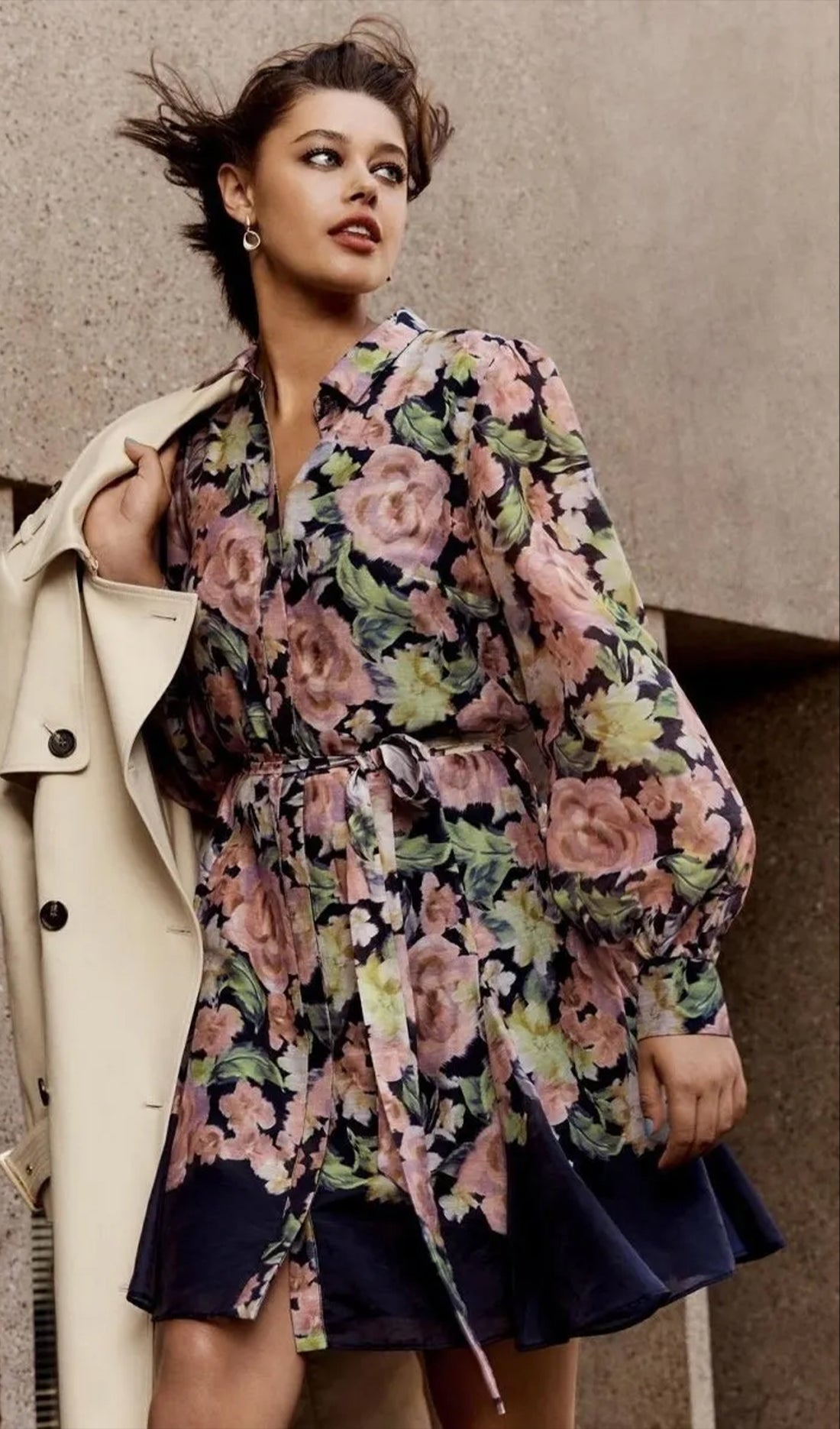 Long-Sleeved Floral Buttoned Mini Dress