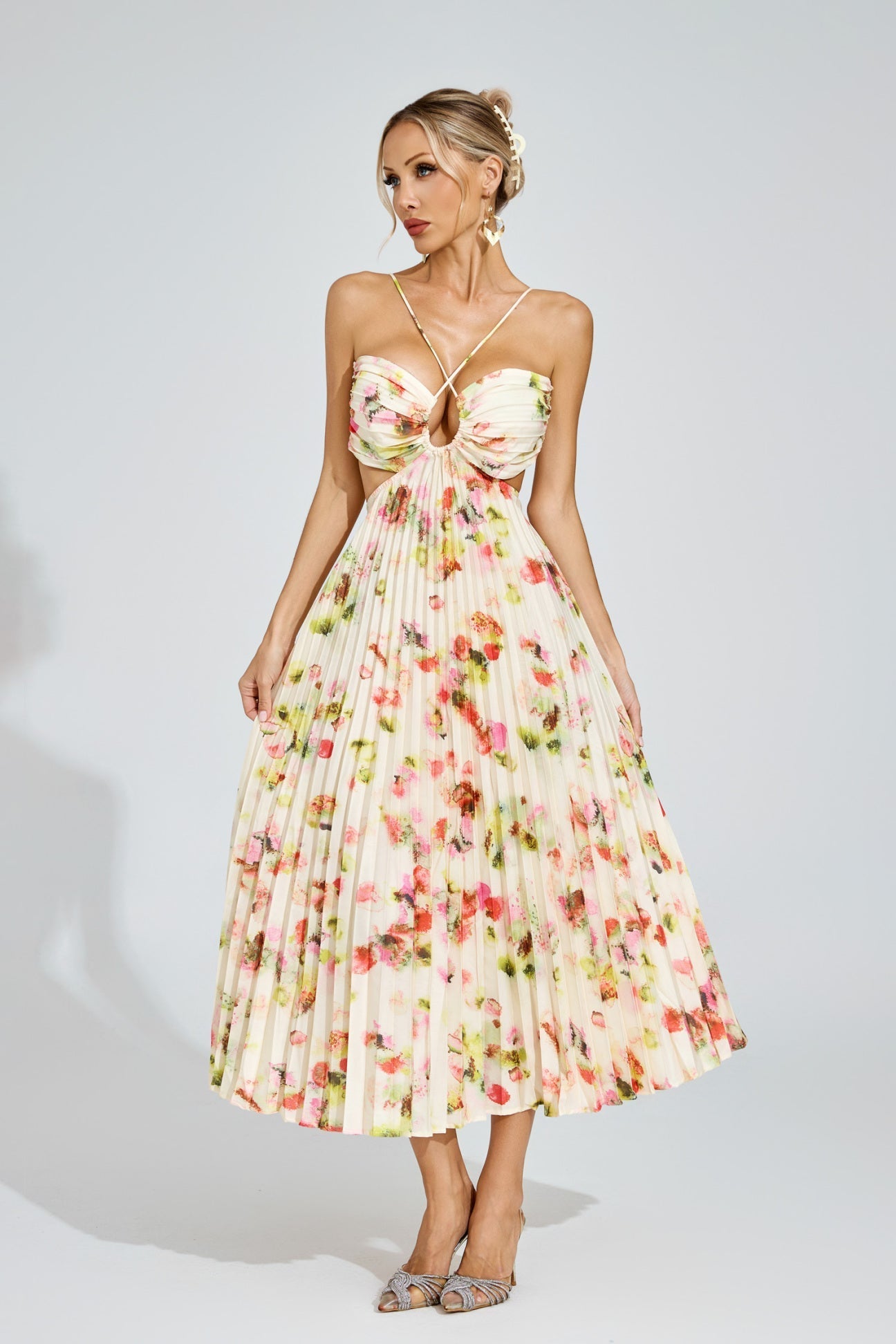 Fiorella Plissee-Midikleid mit Blumenmuster 