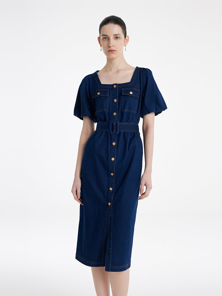 Damen-Midikleid aus Jeansstoff mit Puffärmeln und eckigem Ausschnitt, inklusive Gürtel 