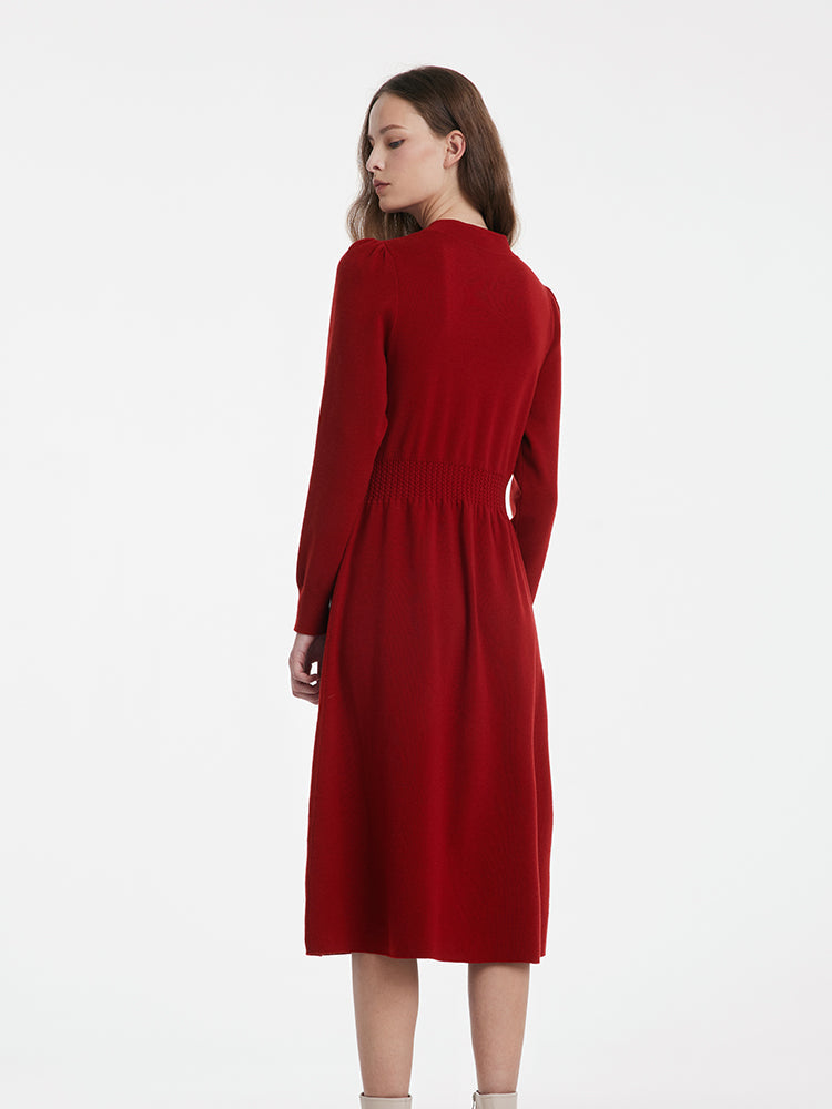 Yün Cheongsam Büzgülü Bel Qipao Kırmızı Midi Kışlık Elbise