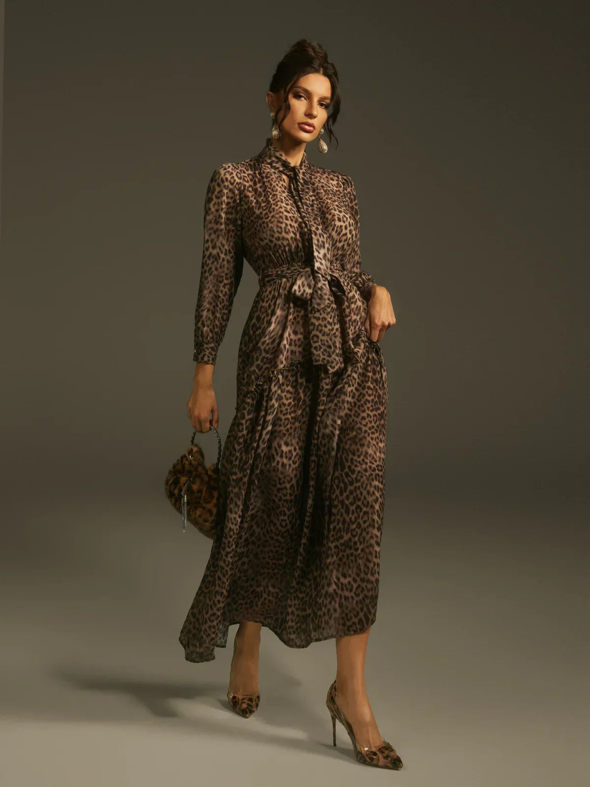 Leopar Desenli Zarif Maxi Elbise