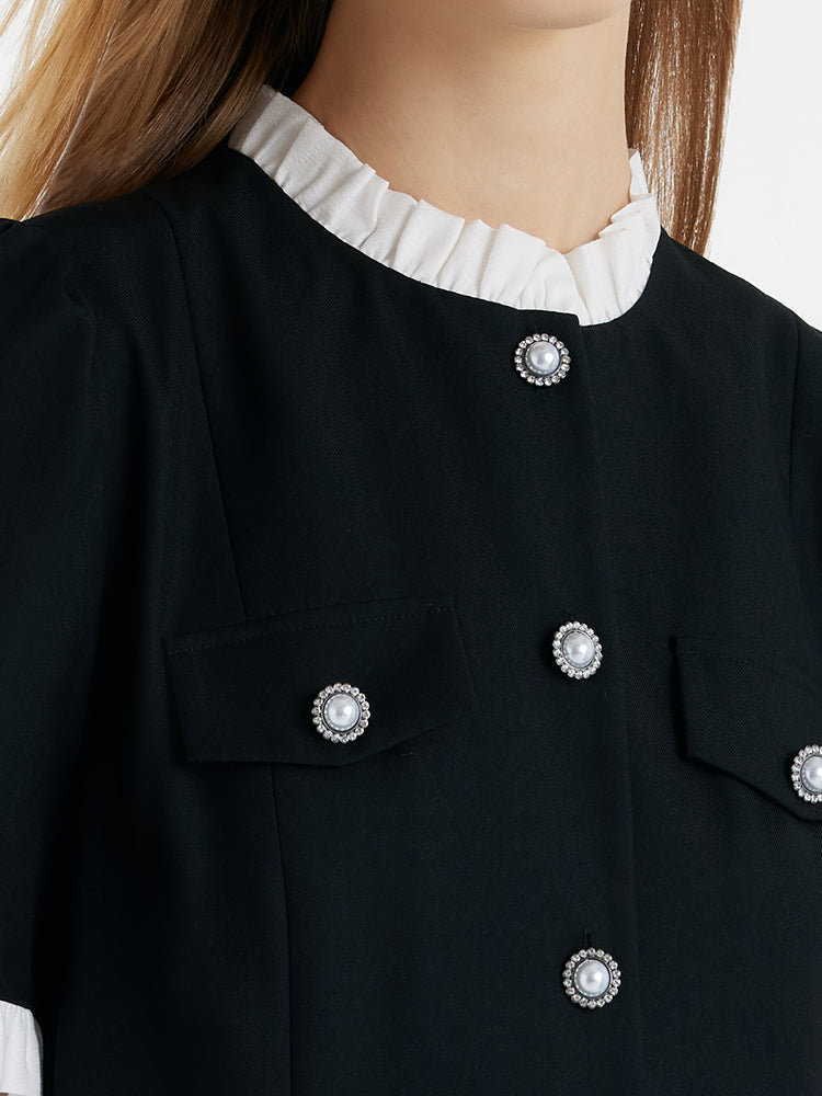 Women's Black Mini Sport Dress with Ruffle Trim and Pearl Buttons 