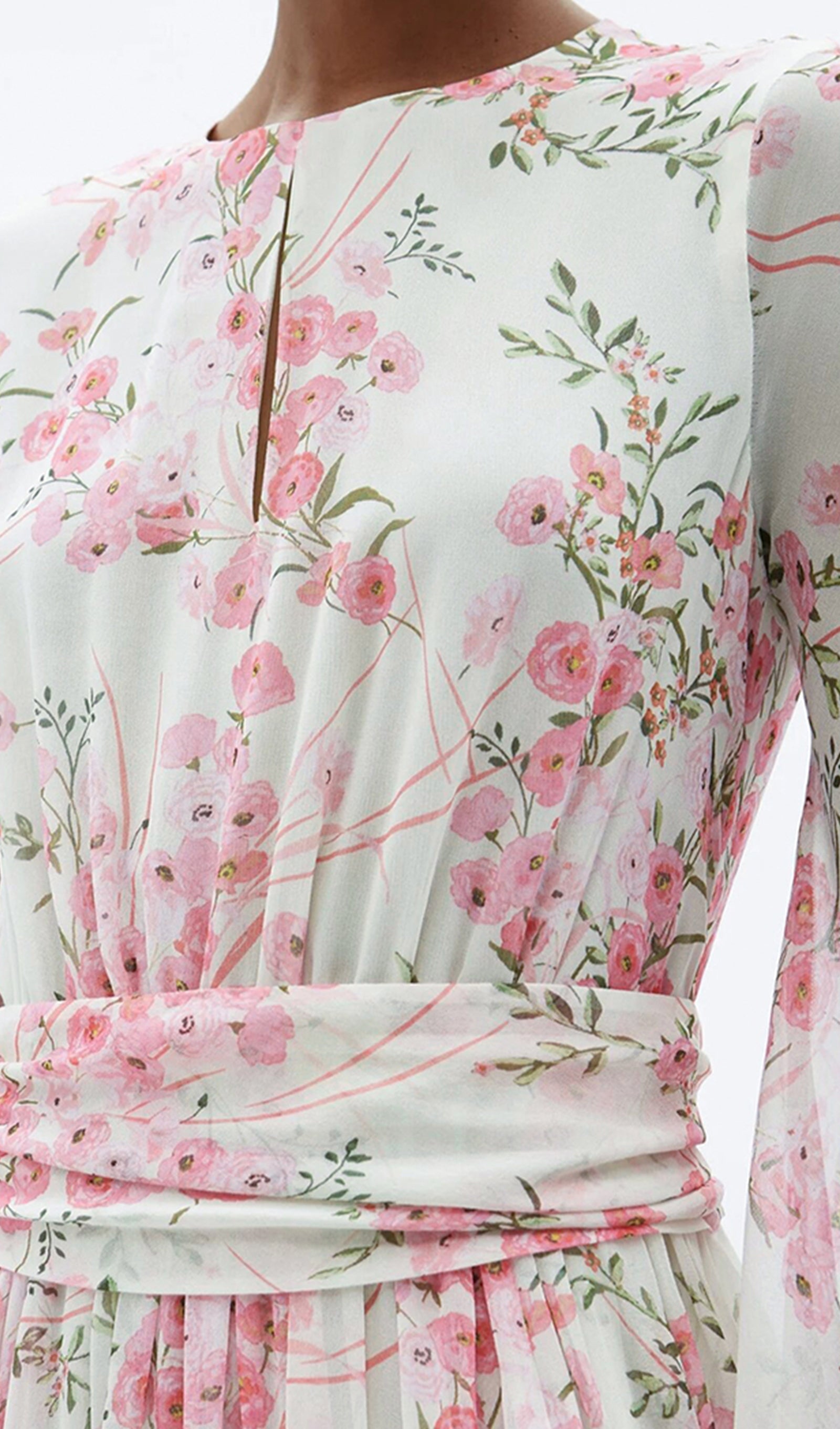 Langärmeliges, geblümtes, tailliertes und ausgestelltes Maxikleid