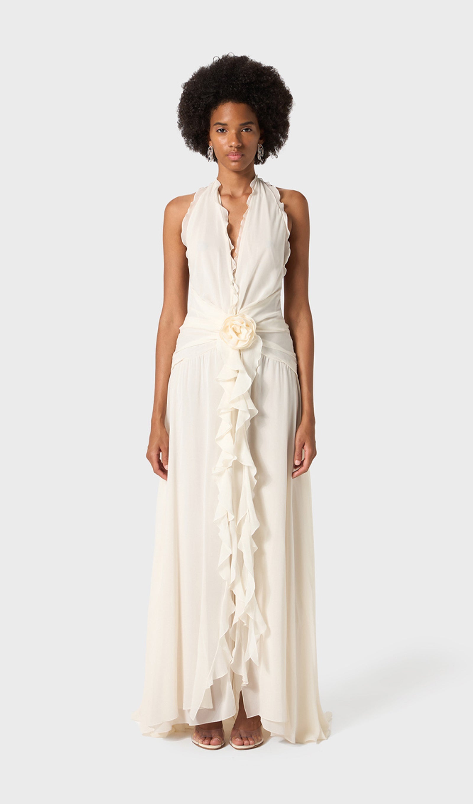 Halter Ruffles Maxi Dress with Rose Embellishments ALSORA Halter Ruffles Maxi Dress with Rose Embellishments ALSORA