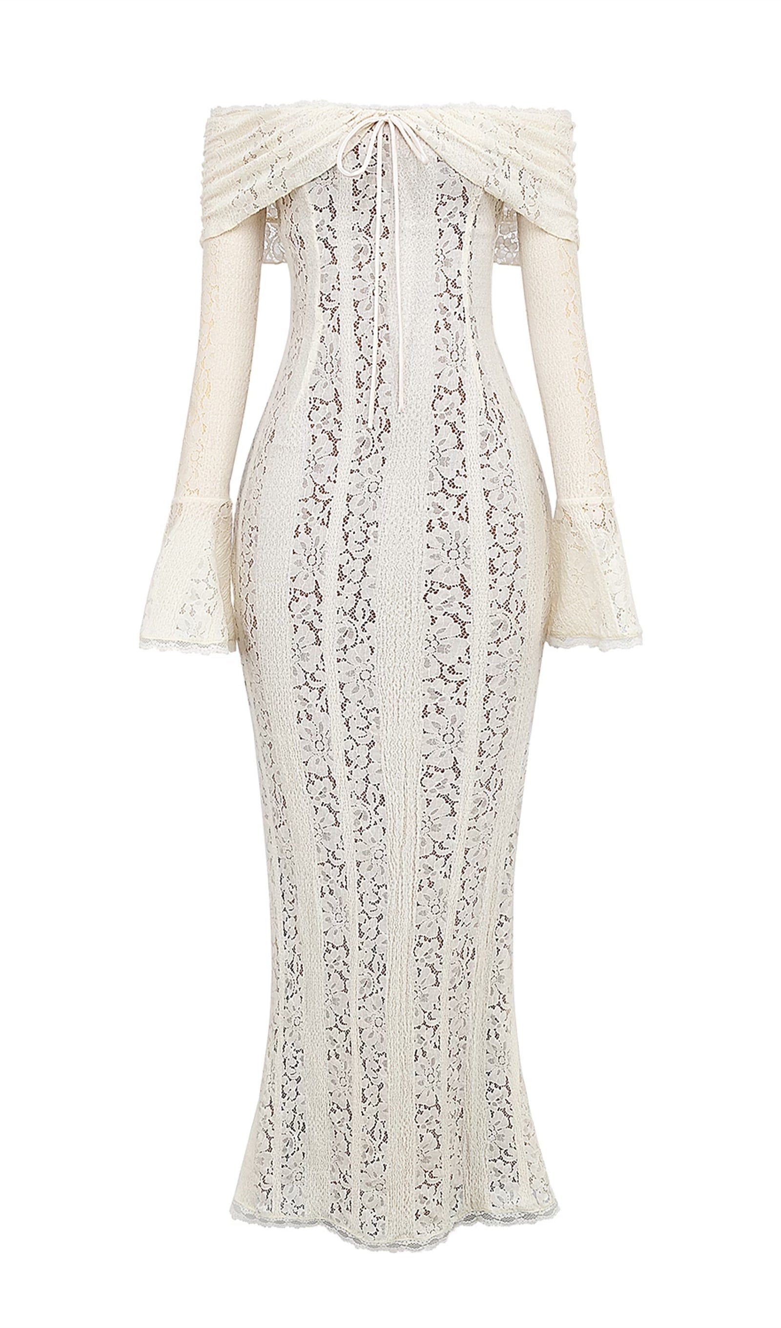 Vintage Floral Lace Off-Shoulder Maxi Dress 
