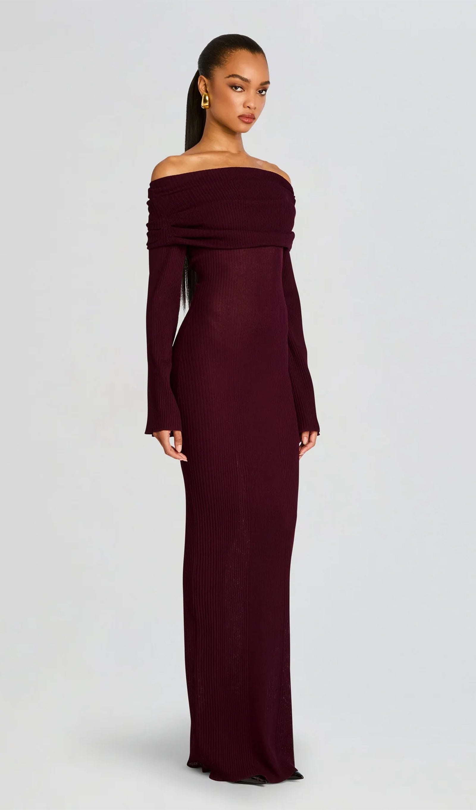 Kapalı Omuz Slim Fit Maksi Elbise