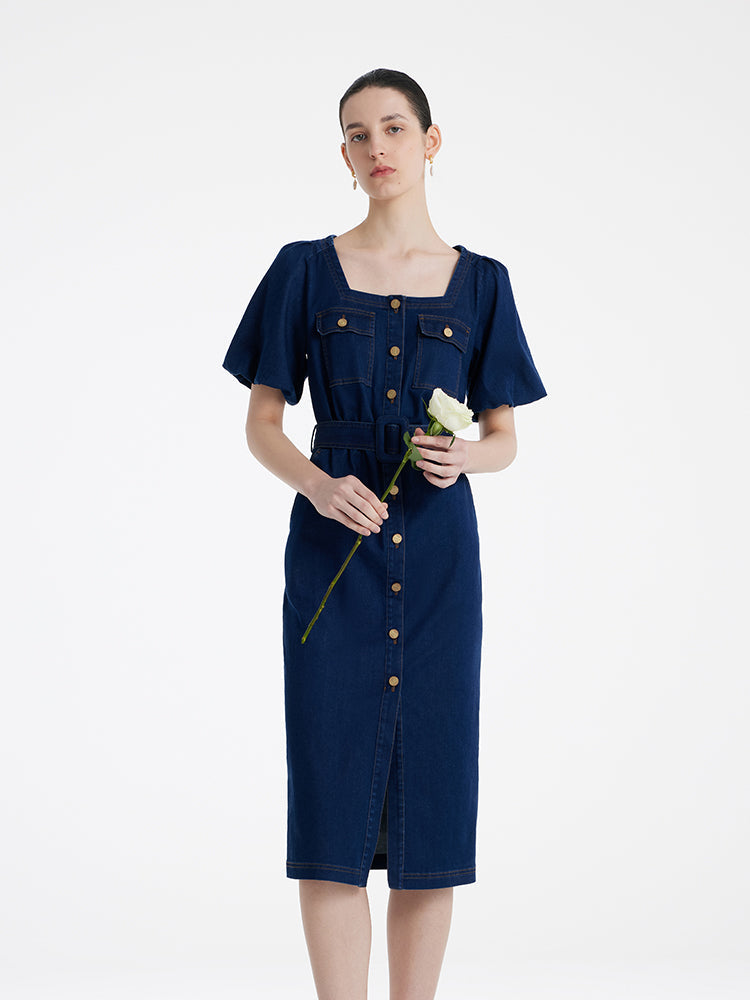 Damen-Midikleid aus Jeansstoff mit Puffärmeln und eckigem Ausschnitt, inklusive Gürtel 
