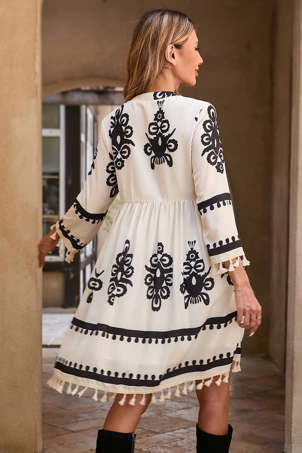 Seraphina Ethnic Patterned Tassel V-Neck Mini Dress