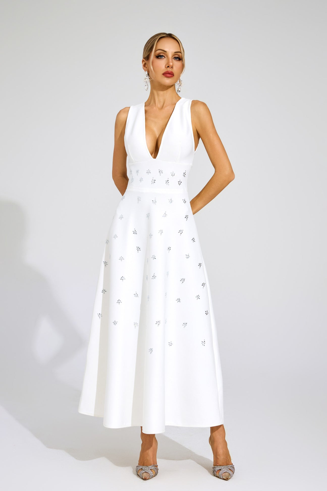 Céleste White Crystal Embellished Maxi Dress