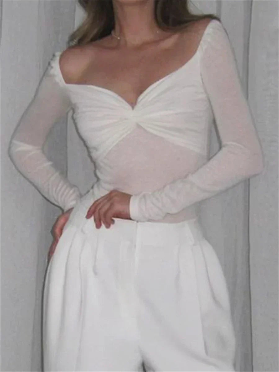 Heart Neckline Long Sleeved Sheer Blouse