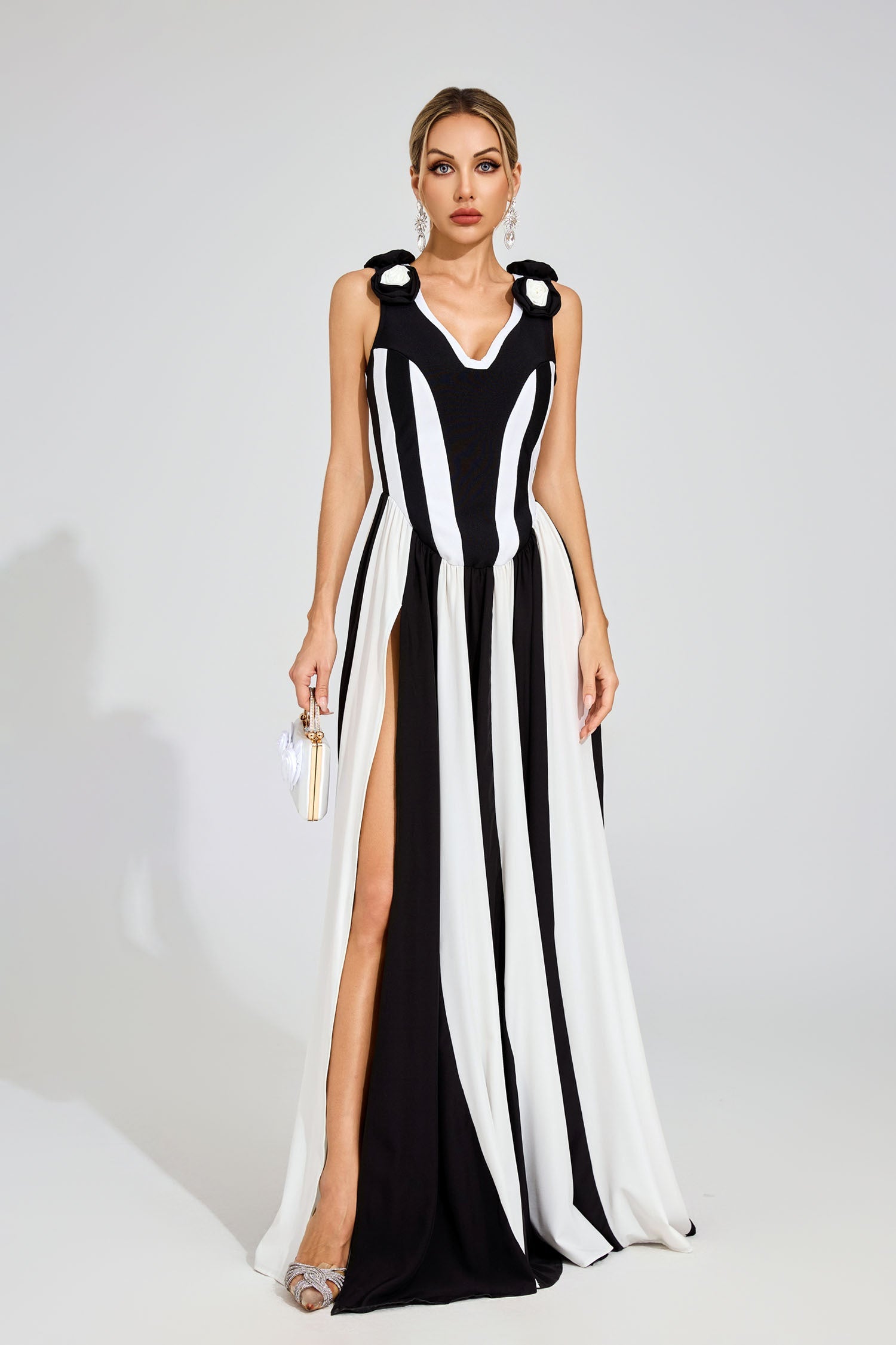Fleur Noir Çizgili Maxi Elbise