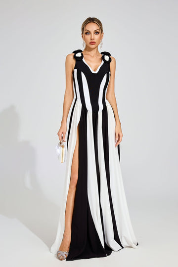 Fleur Noir Çizgili Maxi Elbise