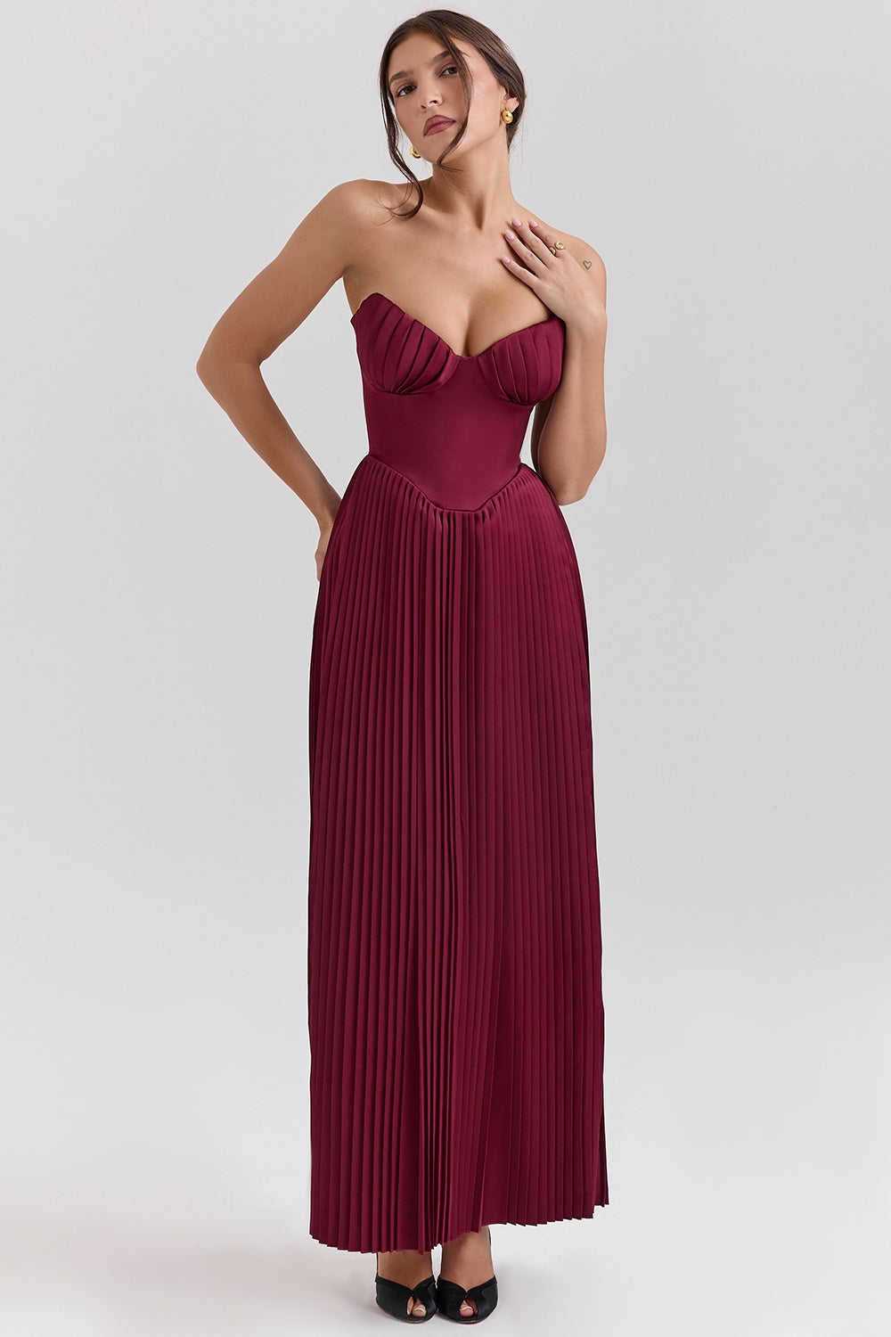 Céleste Plissee-Maxikleid mit Bustier - Burgunderrot