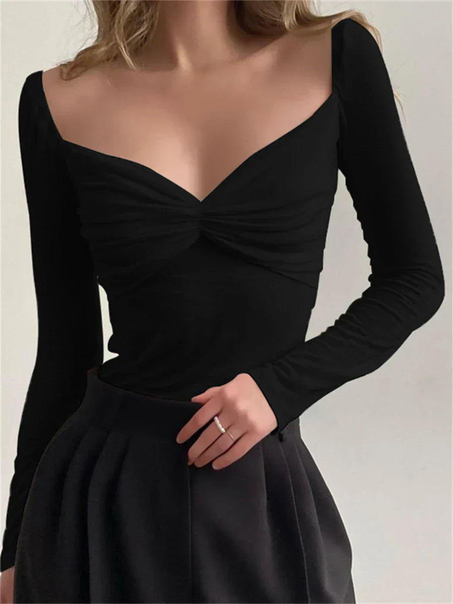 Heart Neckline Long Sleeved Sheer Blouse