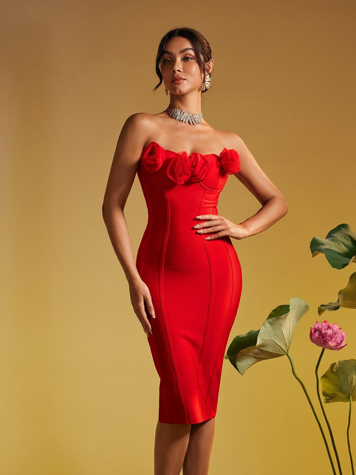 Adlai Strapless Floral Pattern Bandage Midi Dress