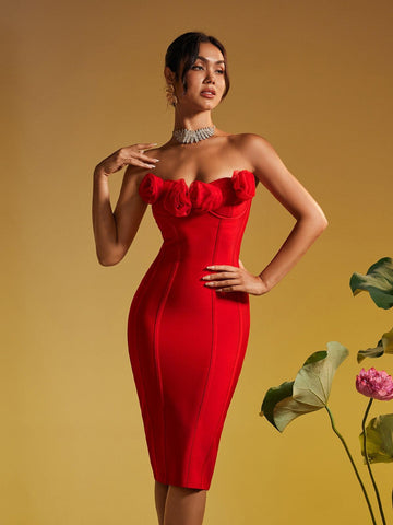 Adlai Strapless Floral Pattern Bandage Midi Dress