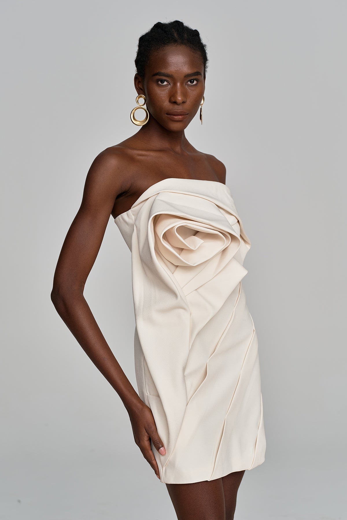 Aeronwen Floral Strapless Ruch Mini Dress Apricot