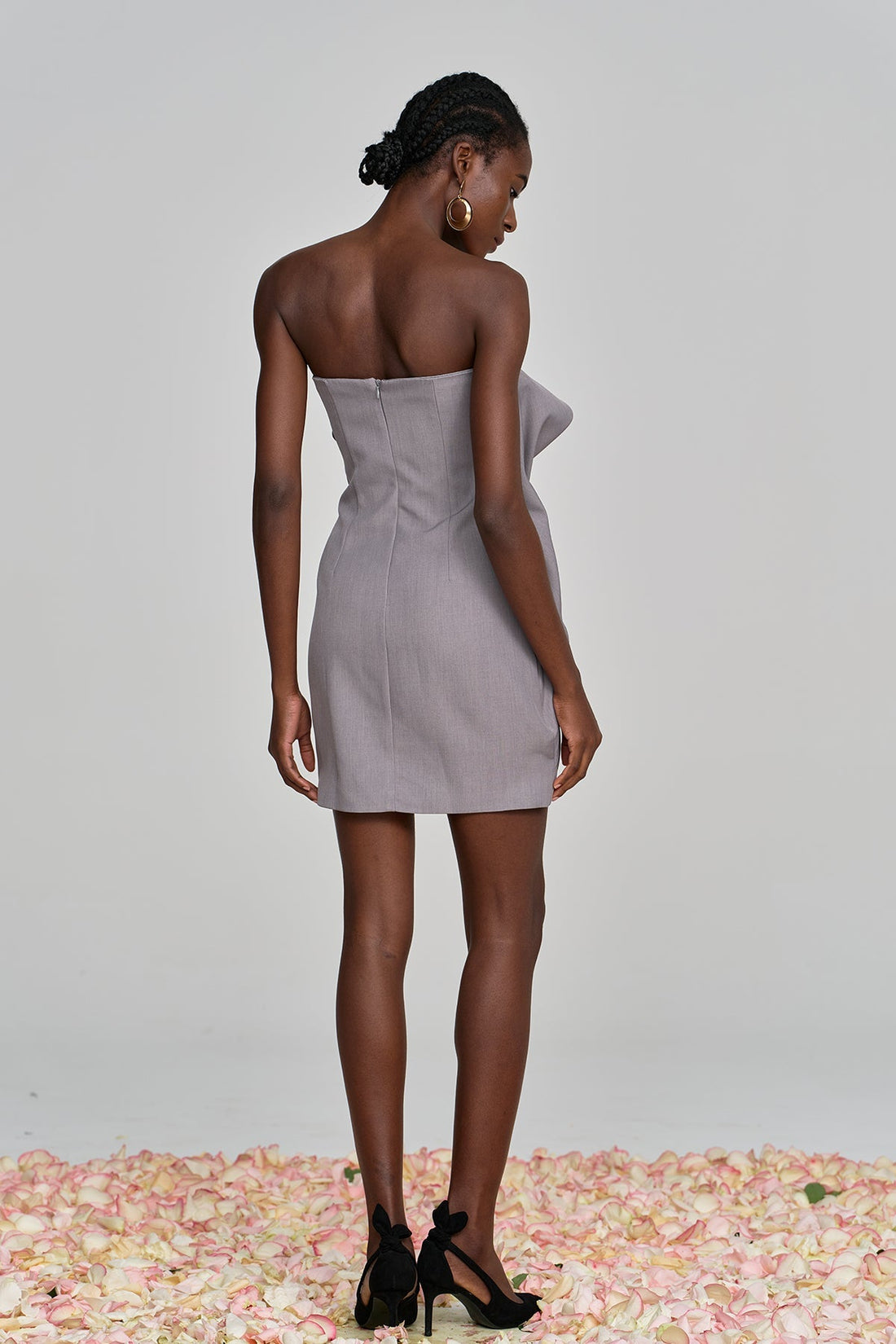 Aeronwen Floral Strapless Ruch Mini Dress Grey