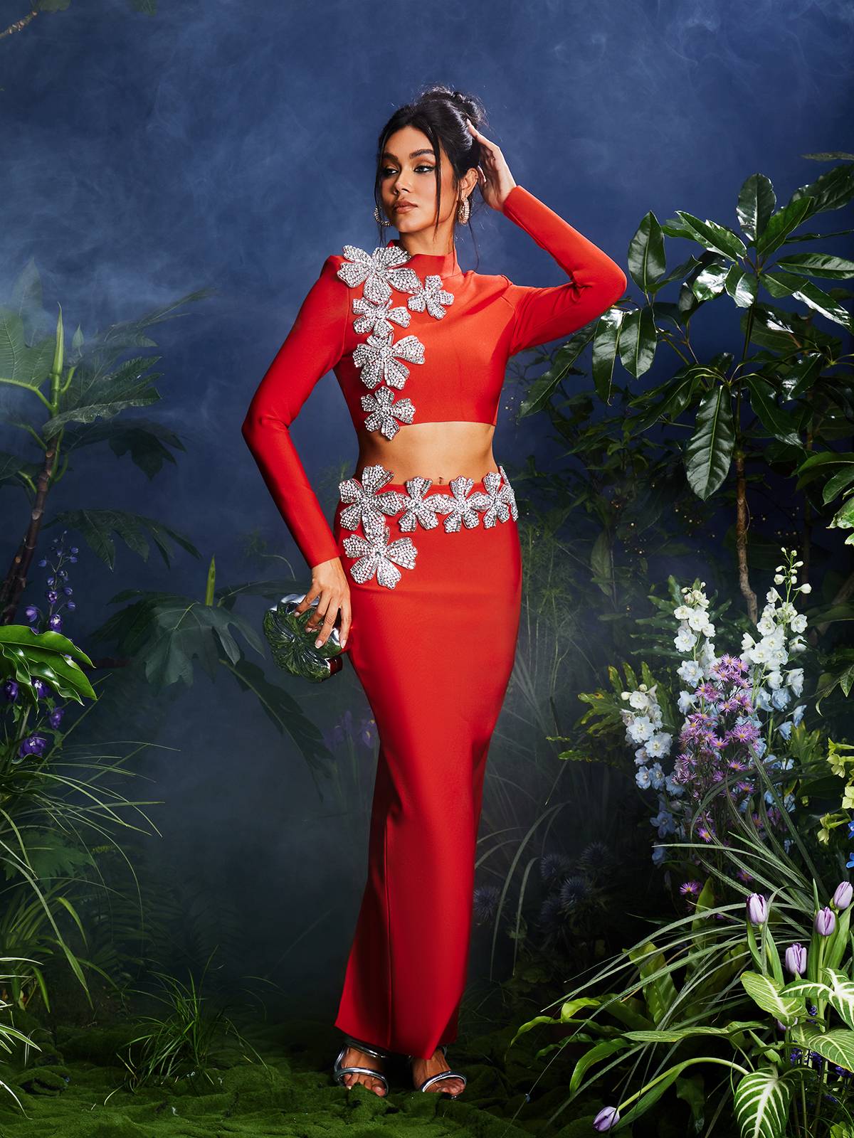 Almira Langarm-Set mit floralem Bandagenrock, Rot