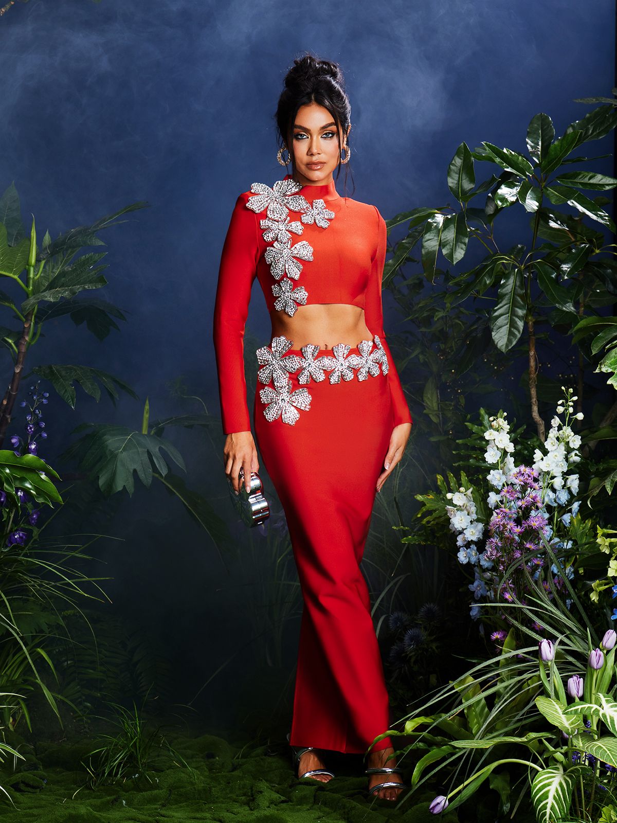 Almira Langarm-Set mit floralem Bandagenrock, Rot