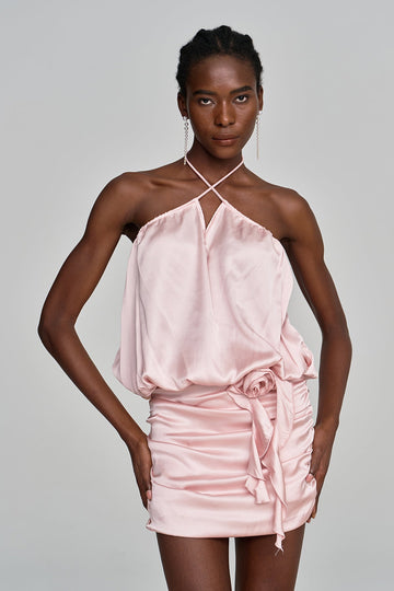 Alodie Halter Neck Backless Floral Satin Mini Dress