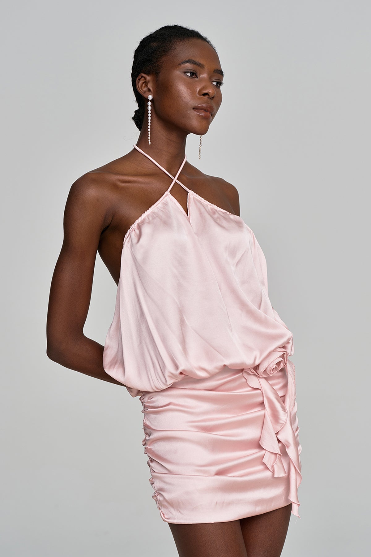 Alodie Halter Neck Backless Floral Satin Mini Dress