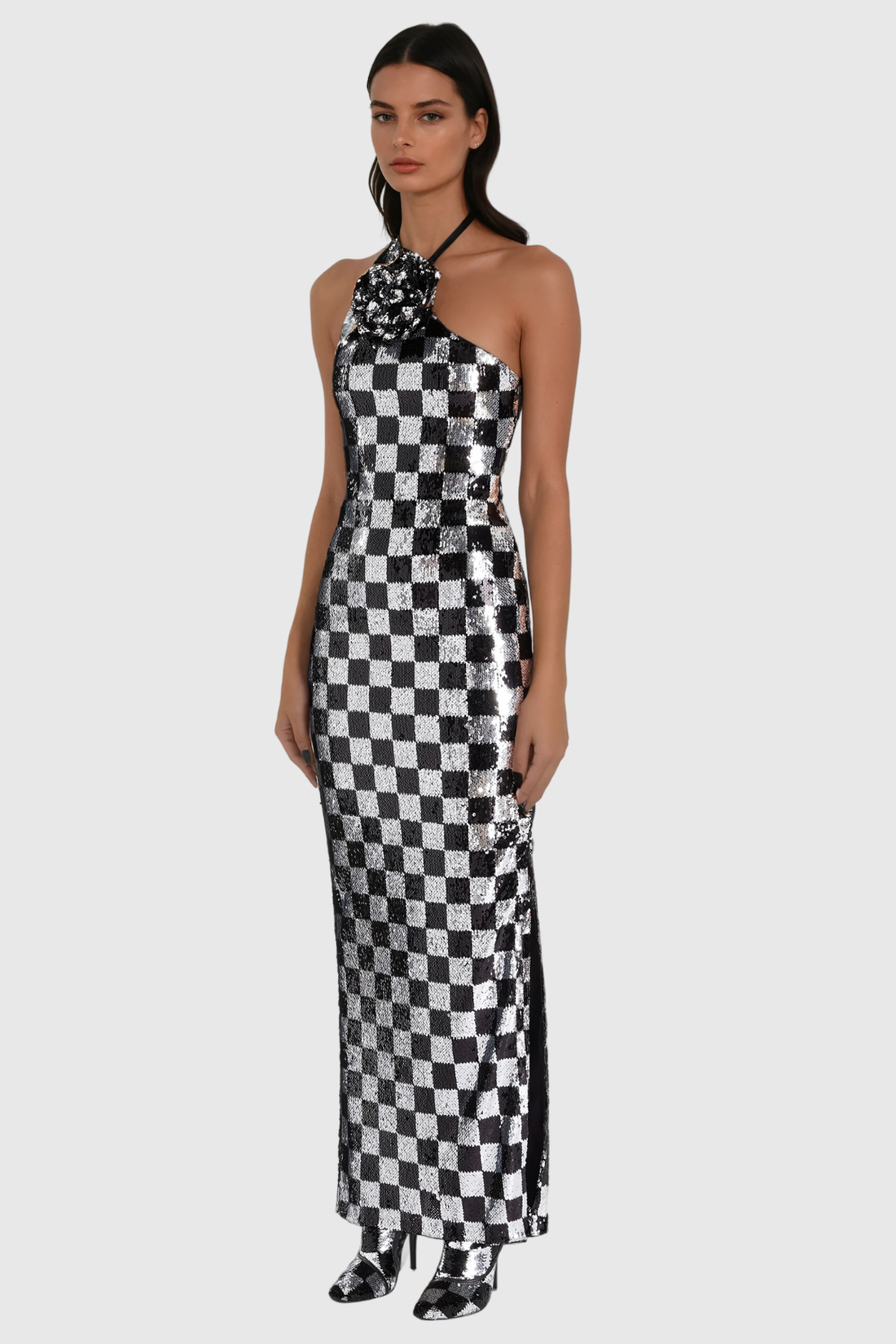 Ambel Grid Pailletten-Blumen-Maxikleid