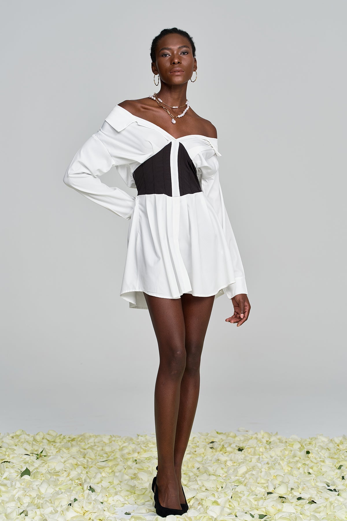 Amin Off-Shoulder Ruch Mini Shirt Dress