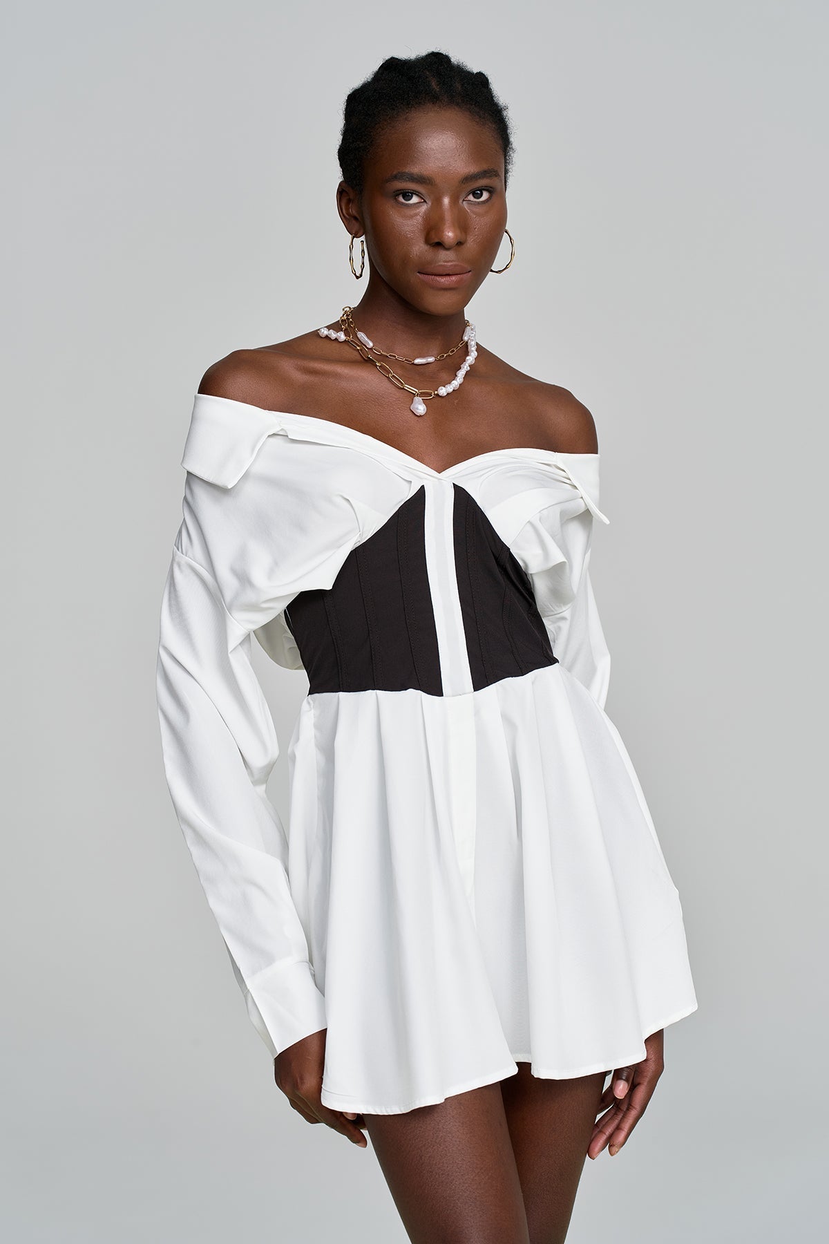 Amin Off-Shoulder Ruch Mini Shirt Dress