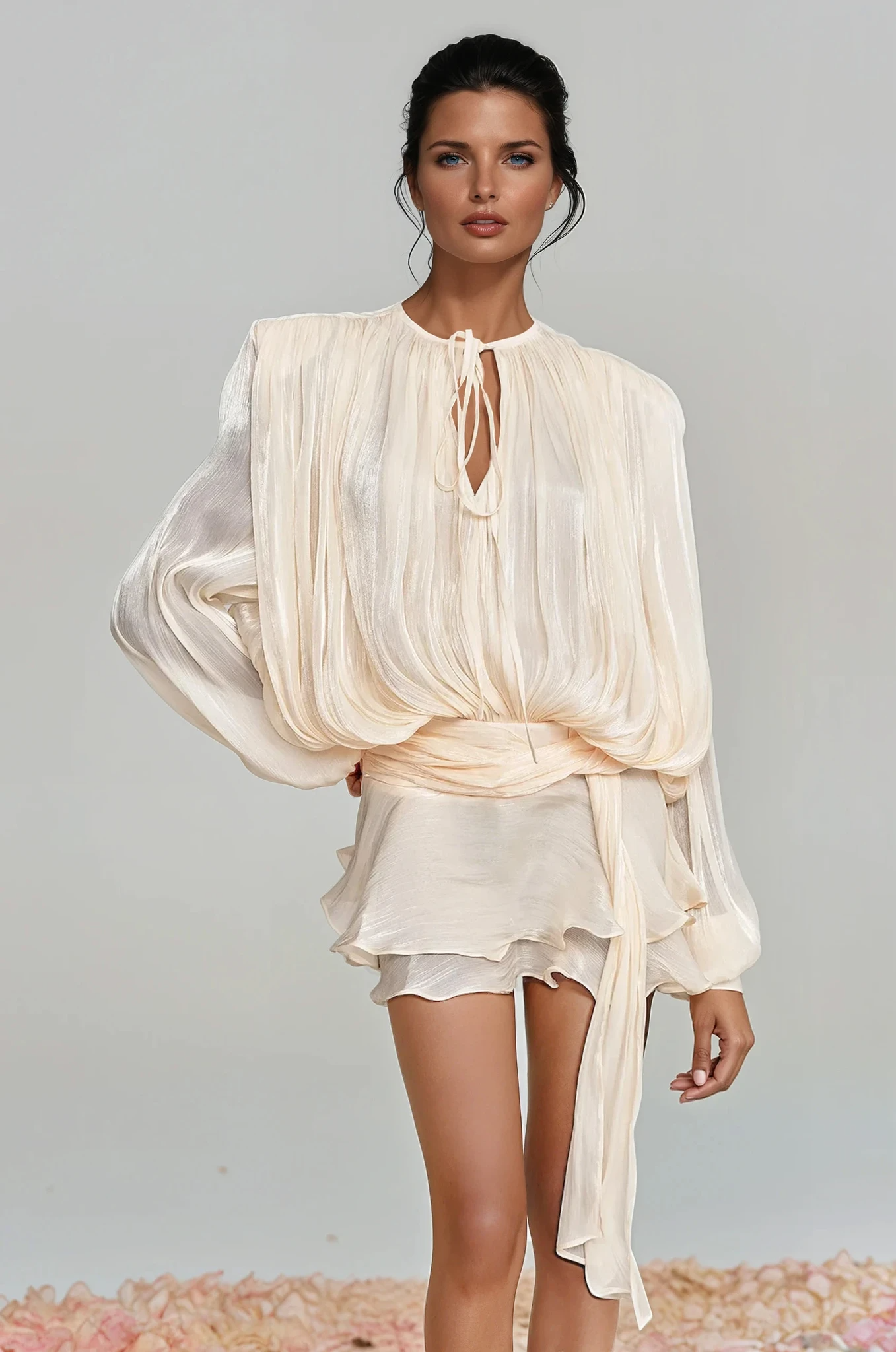 Aminah Minikleid mit Ballonärmeln und Rüschen, Creme