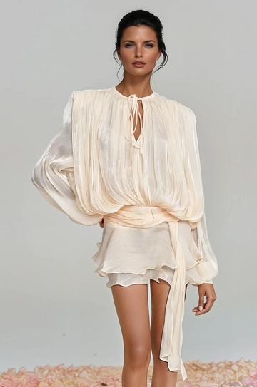 Aminah Minikleid mit Ballonärmeln und Rüschen, Creme
