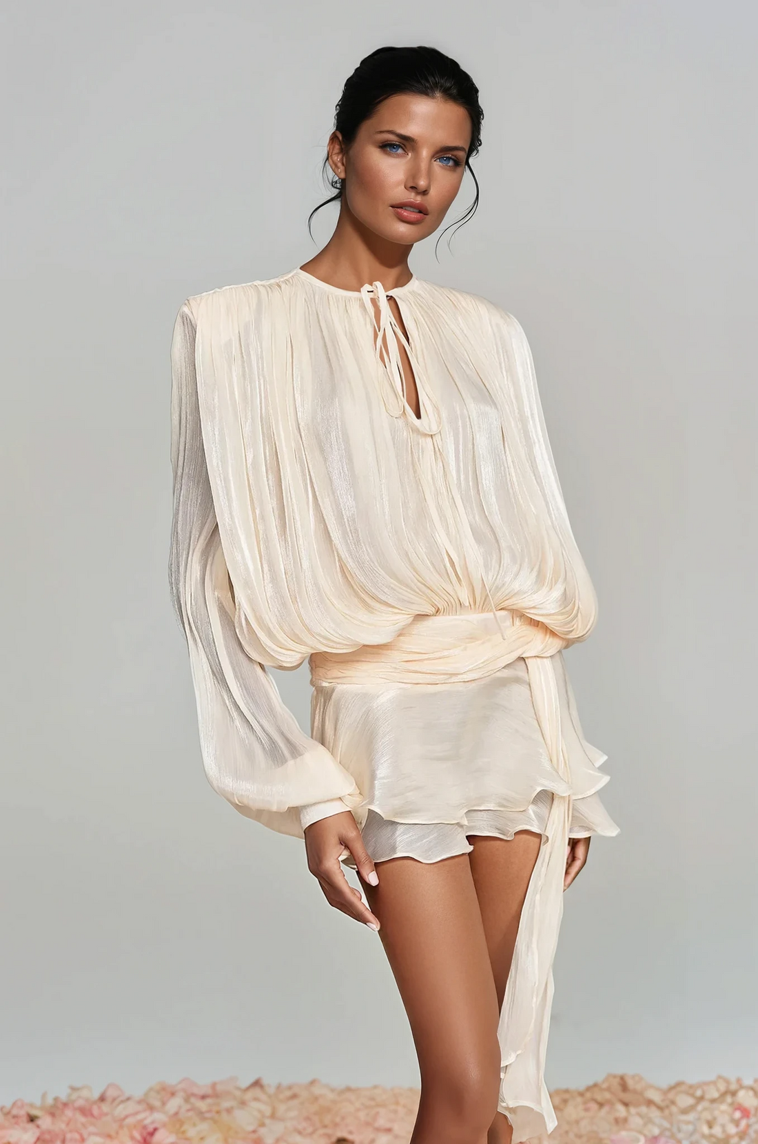 Aminah Balloon Sleeve Ruffle Mini Dress Cream