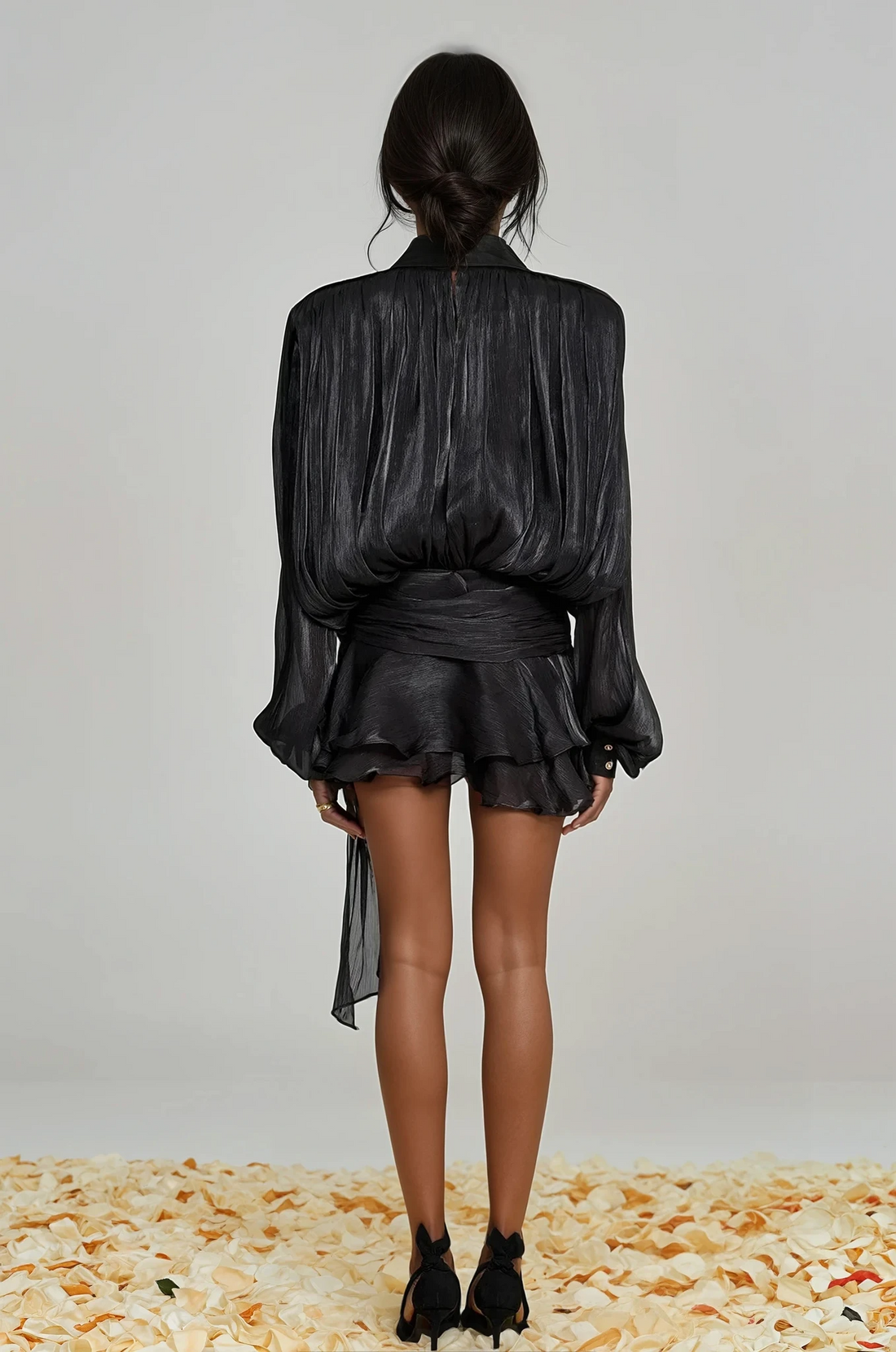 Aminah Balloon Sleeve Ruch Ruffled Mini Dress Black