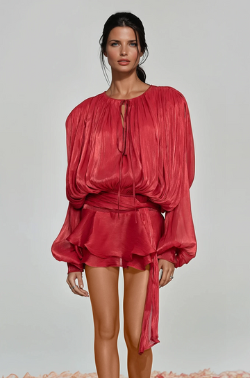 Aminah Balloon Sleeve Ruch Ruffled Mini Dress Red