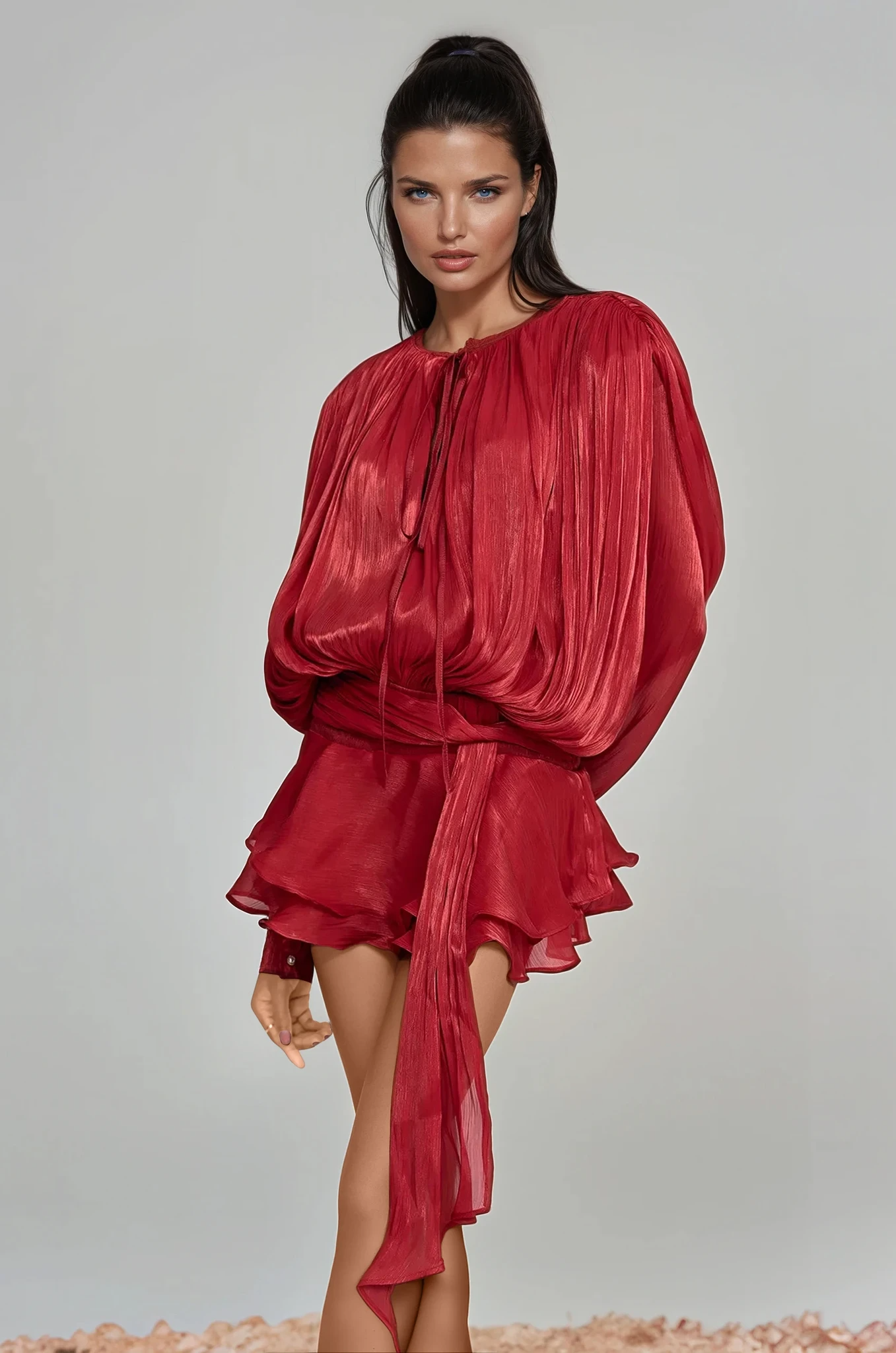 Aminah Balloon Sleeve Ruch Ruffled Mini Dress Red