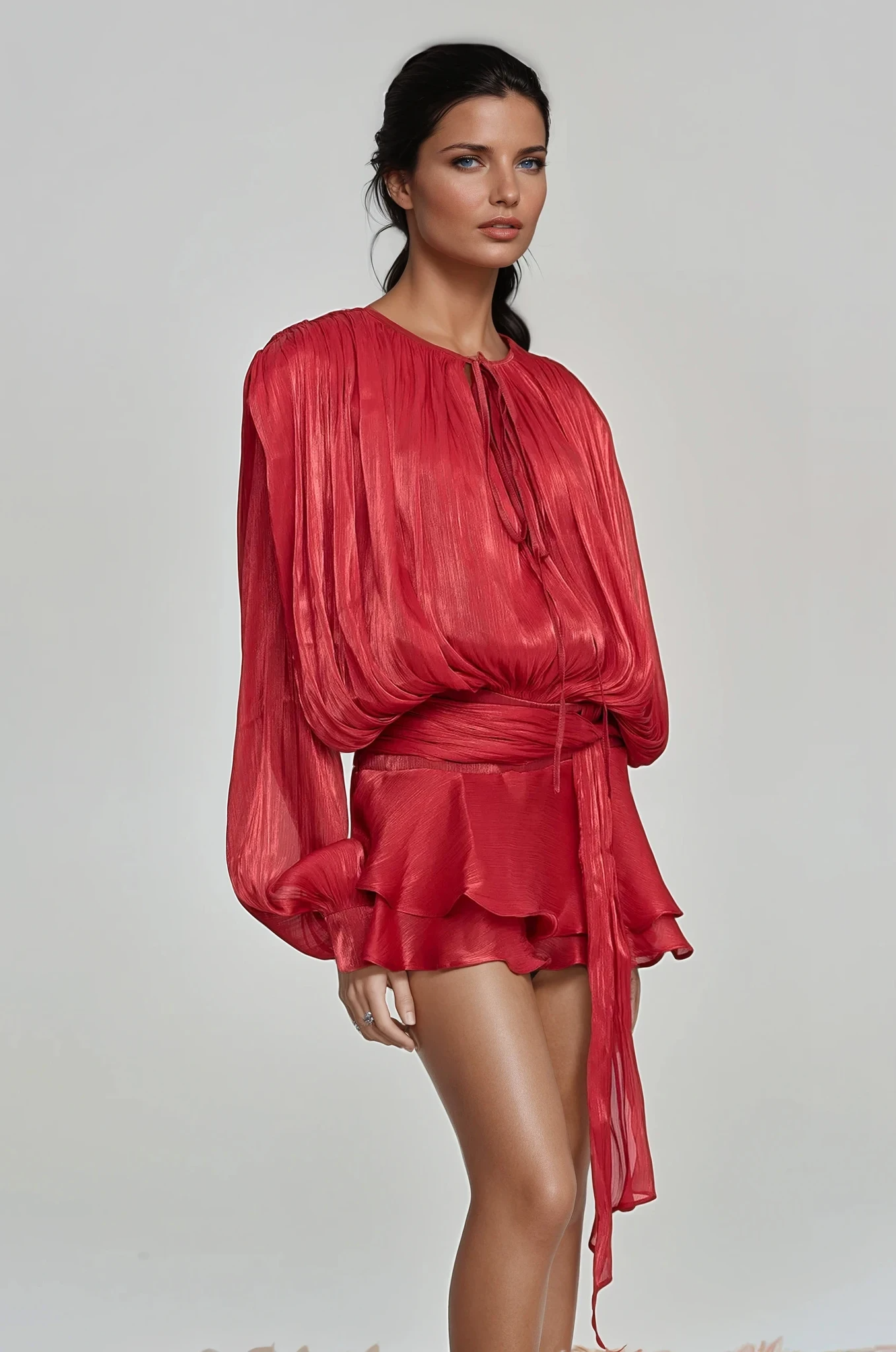 Aminah Balloon Sleeve Ruch Ruffled Mini Dress Red