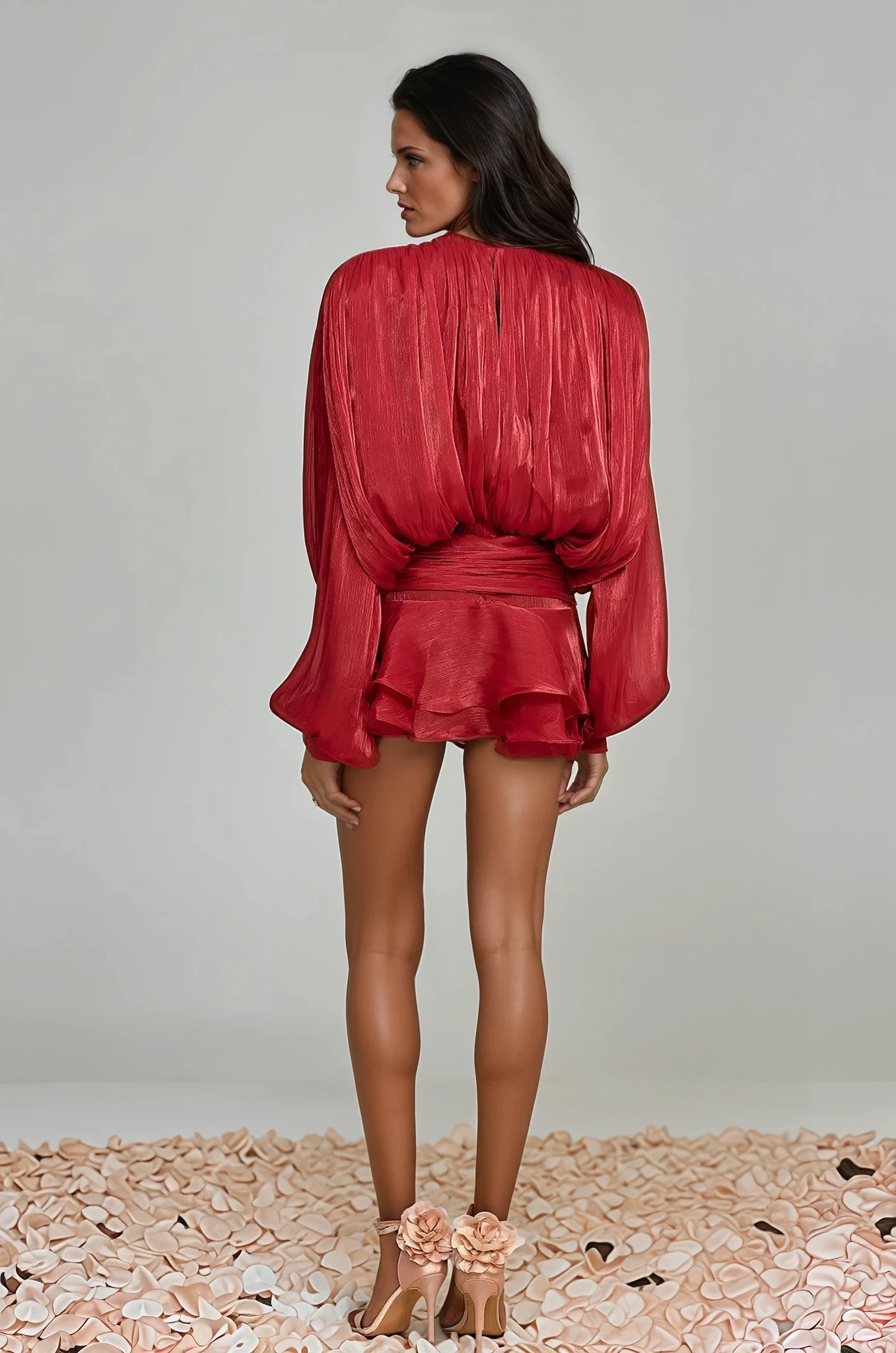 Aminah Balloon Sleeve Ruch Ruffled Mini Dress Red
