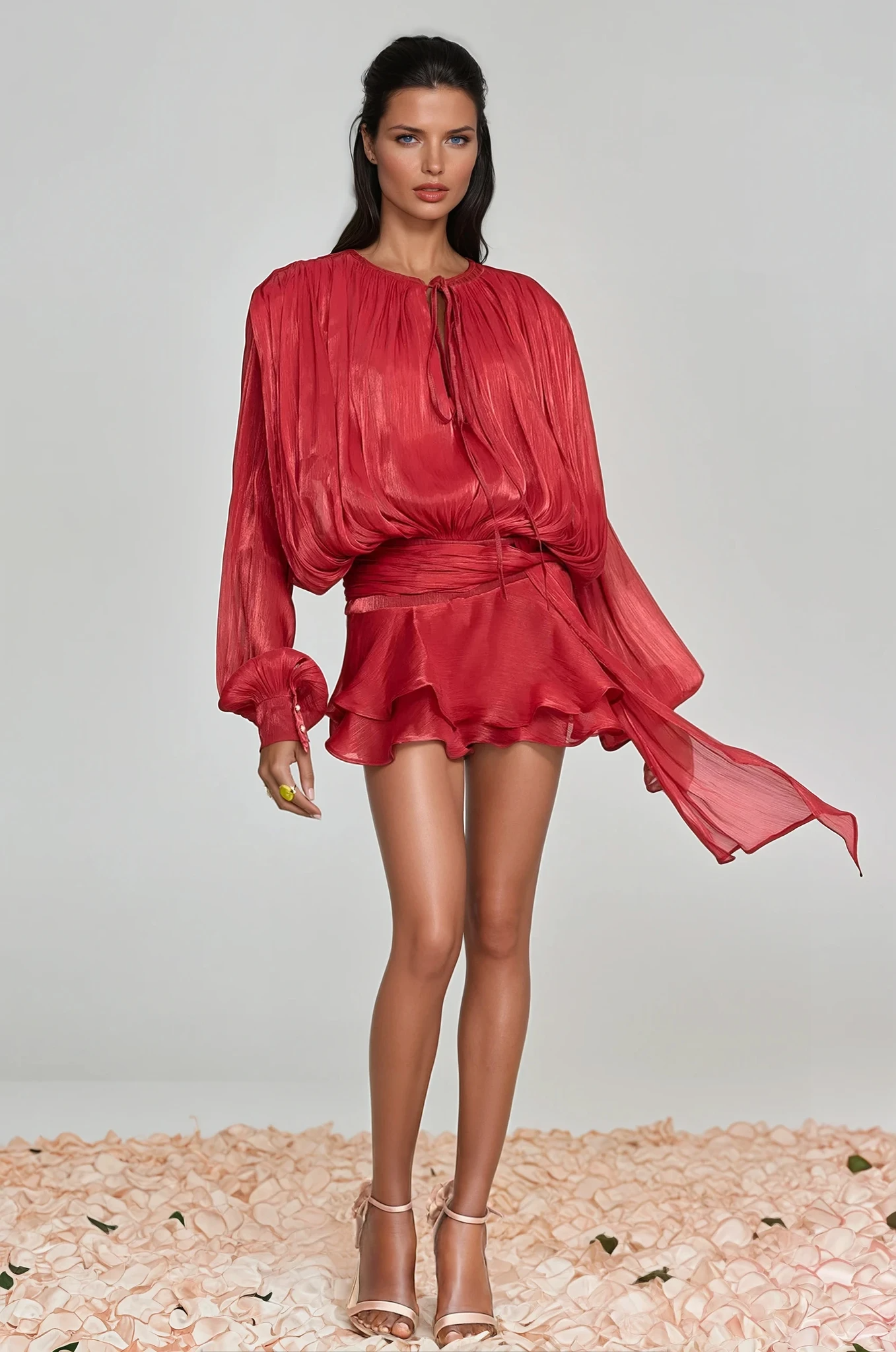 Aminah Balloon Sleeve Ruch Ruffled Mini Dress Red