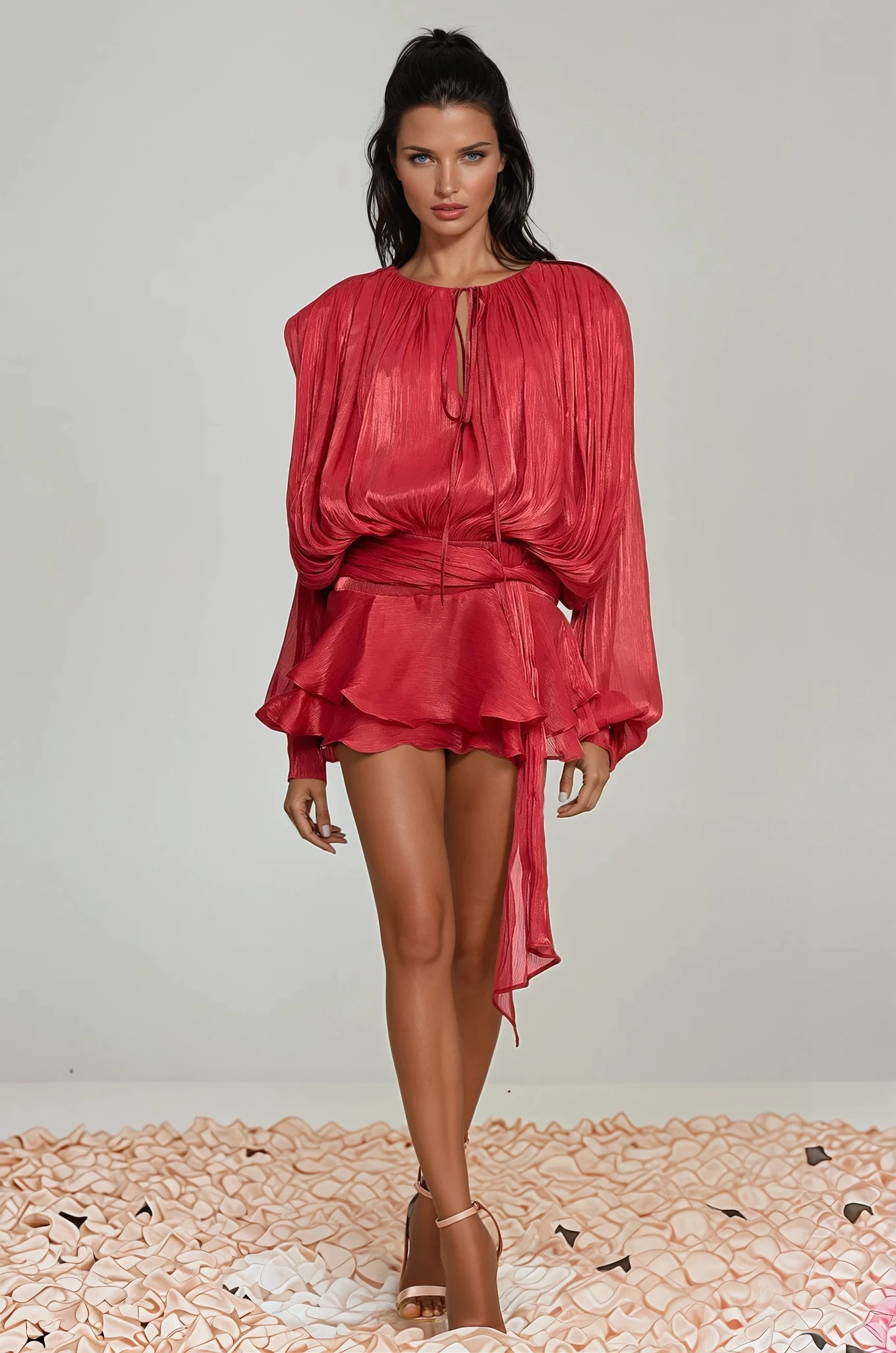 Aminah Balloon Sleeve Ruch Ruffled Mini Dress Red