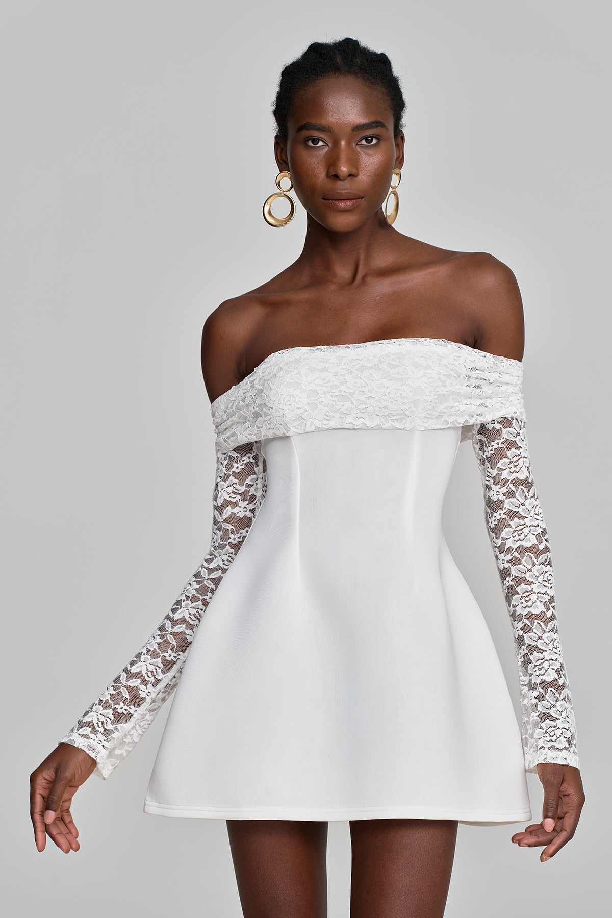 Amira Off-Shoulder Lace Ruffle Mini Dress