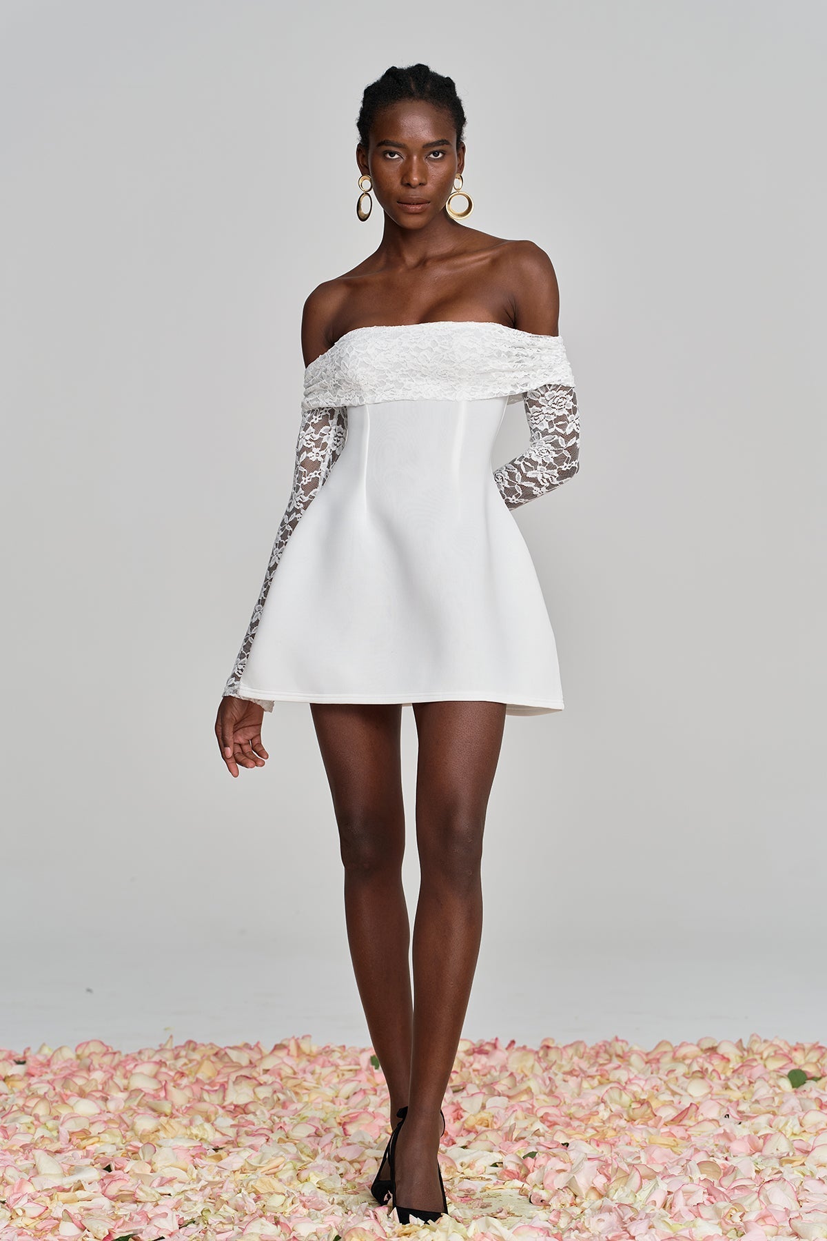 Amira Off-Shoulder Lace Ruffle Mini Dress