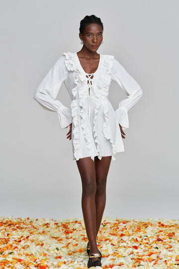 Amithi Ruffled Lace Plunge Mini Dress