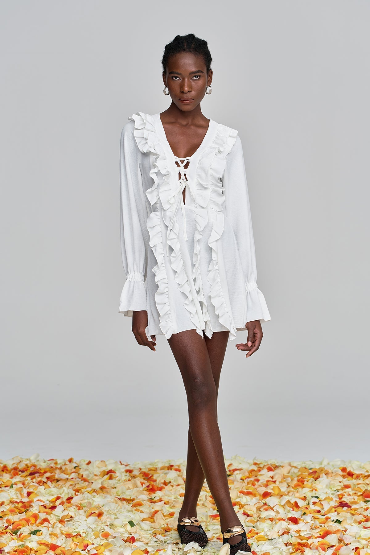 Amithi Ruffled Lace Plunge Mini Dress