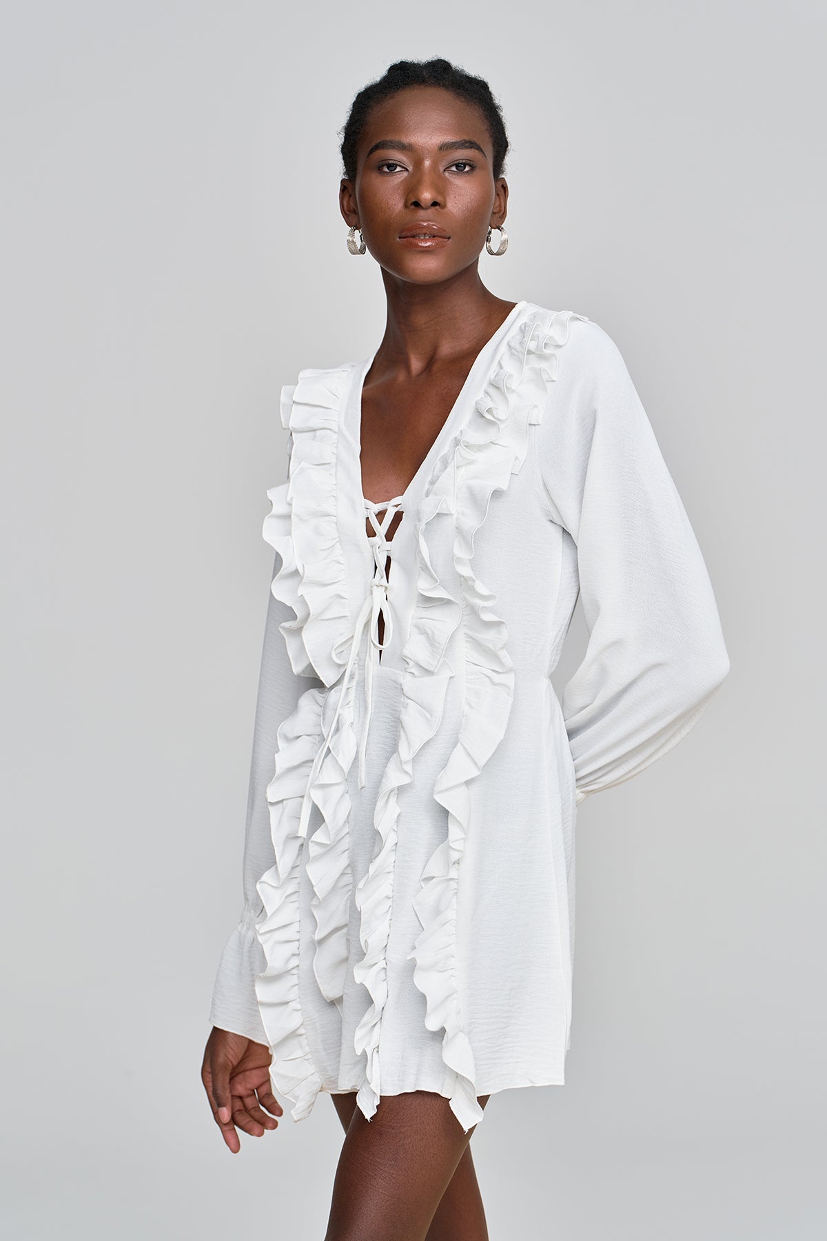 Amithi Ruffled Lace Plunge Mini Dress