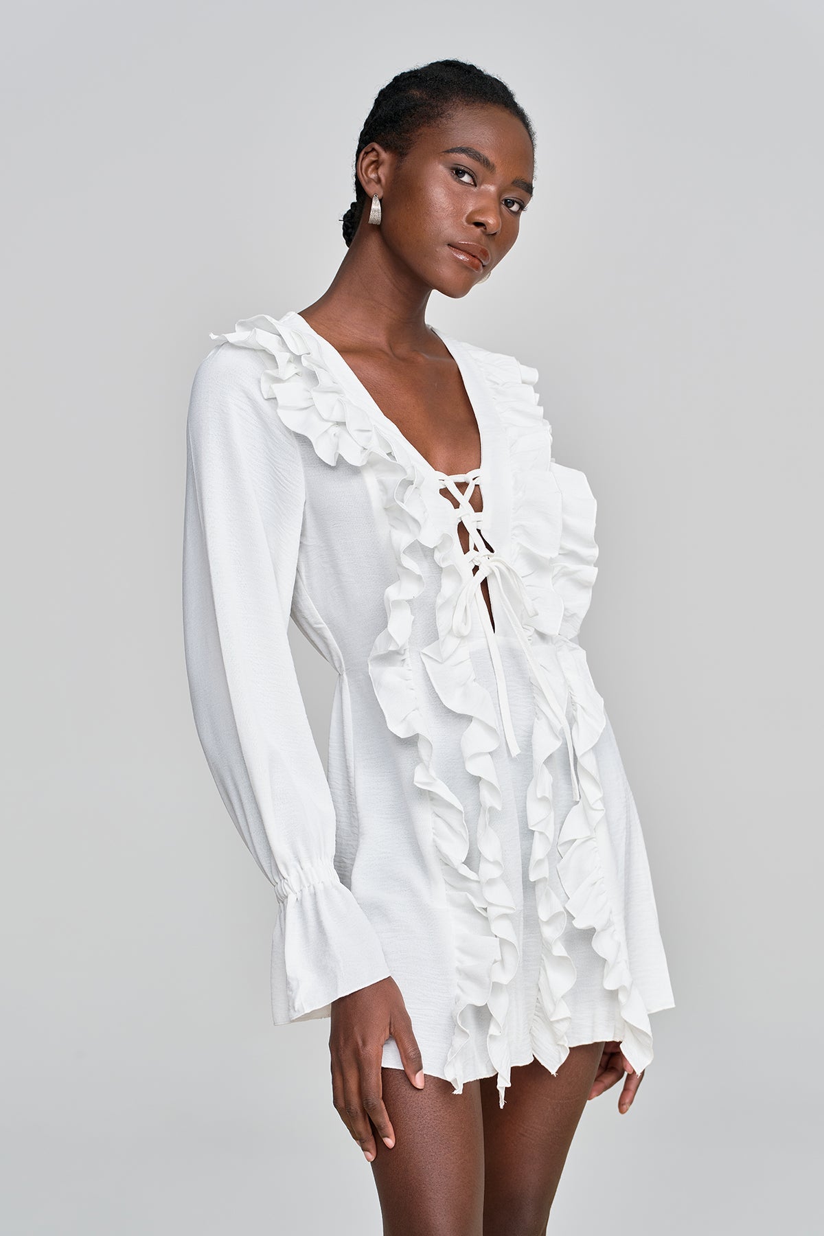 Amithi Ruffled Lace Plunge Mini Dress