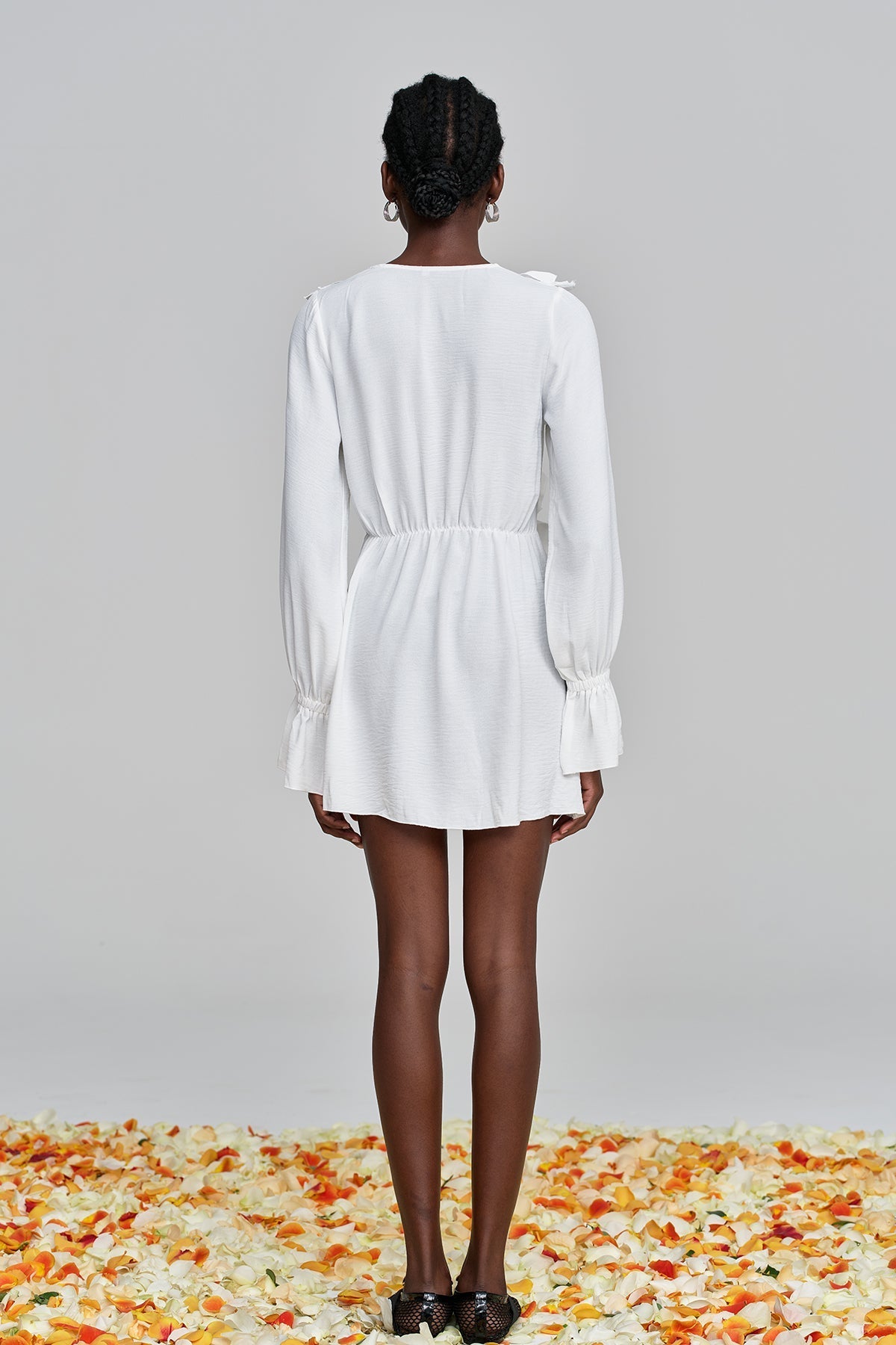 Amithi Ruffled Lace Plunge Mini Dress
